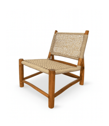 Teak armchair with synthetic woven rope for covered outdoor use