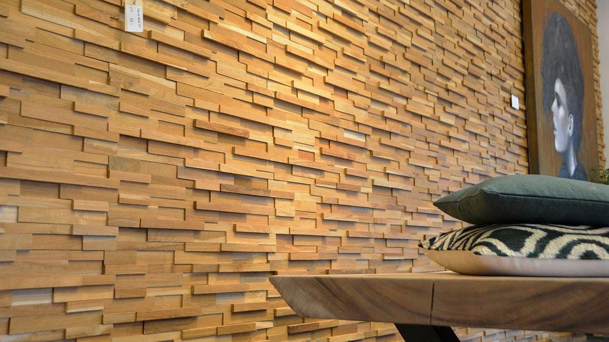 Made-to-order teak wall panels with reclaimed wood texture