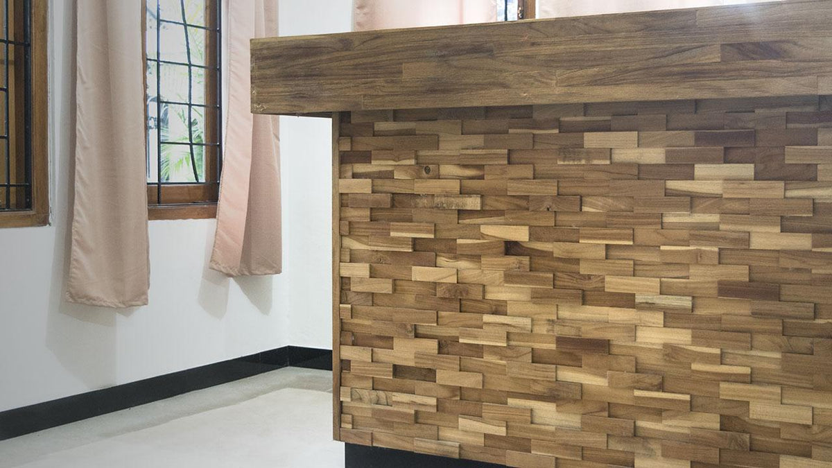 Made-to-order teak wall panels with reclaimed wood texture
