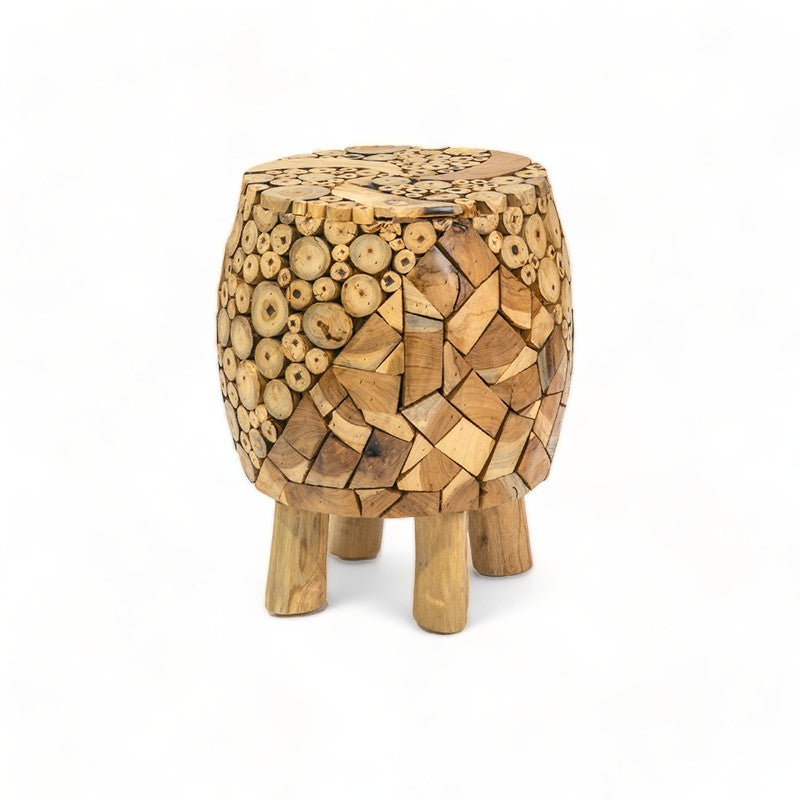 Teak mosaic stool, handmade furniture, teakwood slices, artistic design, organic modern, natural teak, rustic accent, sculptural stool, eco-friendly decor, artisan crafted, statement piece, wood mosaic, boho furniture, sustainable materials, decorative stool.
