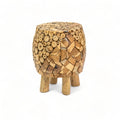 Teak mosaic stool, handmade furniture, teakwood slices, artistic design, organic modern, natural teak, rustic accent, sculptural stool, eco-friendly decor, artisan crafted, statement piece, wood mosaic, boho furniture, sustainable materials, decorative stool.
