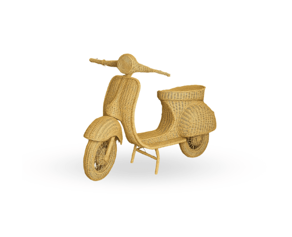 Full-Size Rattan Vespa Sculpture handcrafted rattan scooter display by Cabana Miami