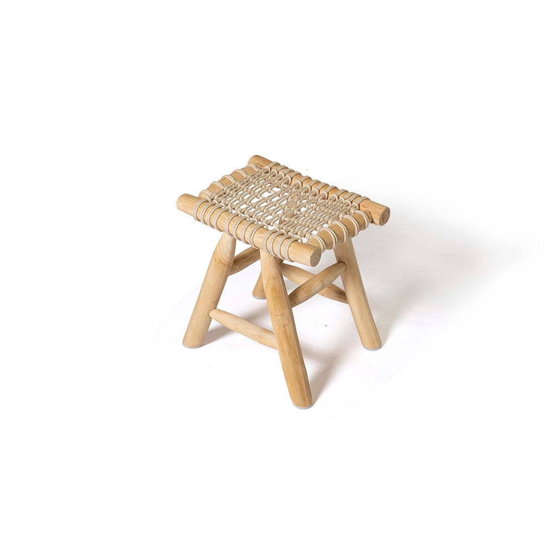 Woven stool, handmade furniture, natural fiber seat, wooden stool, rustic decor, boho style, eco-friendly, artisan made, neutral tones, compact seating, sustainable design, entryway stool, organic modern, traditional craftsmanship, textured accent.
