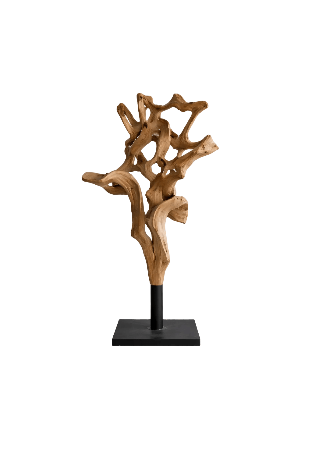 Teak Flame Sculpture natural teak root sculpture on metal base by Cabana Miami