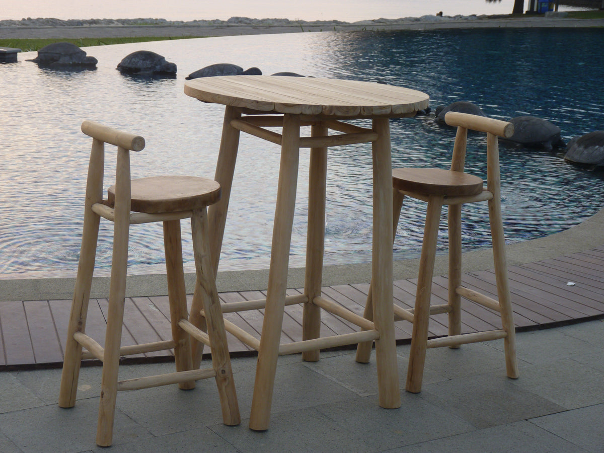 Wilma Outdoor Bar Set beside a pool at dusk, three-quarter view