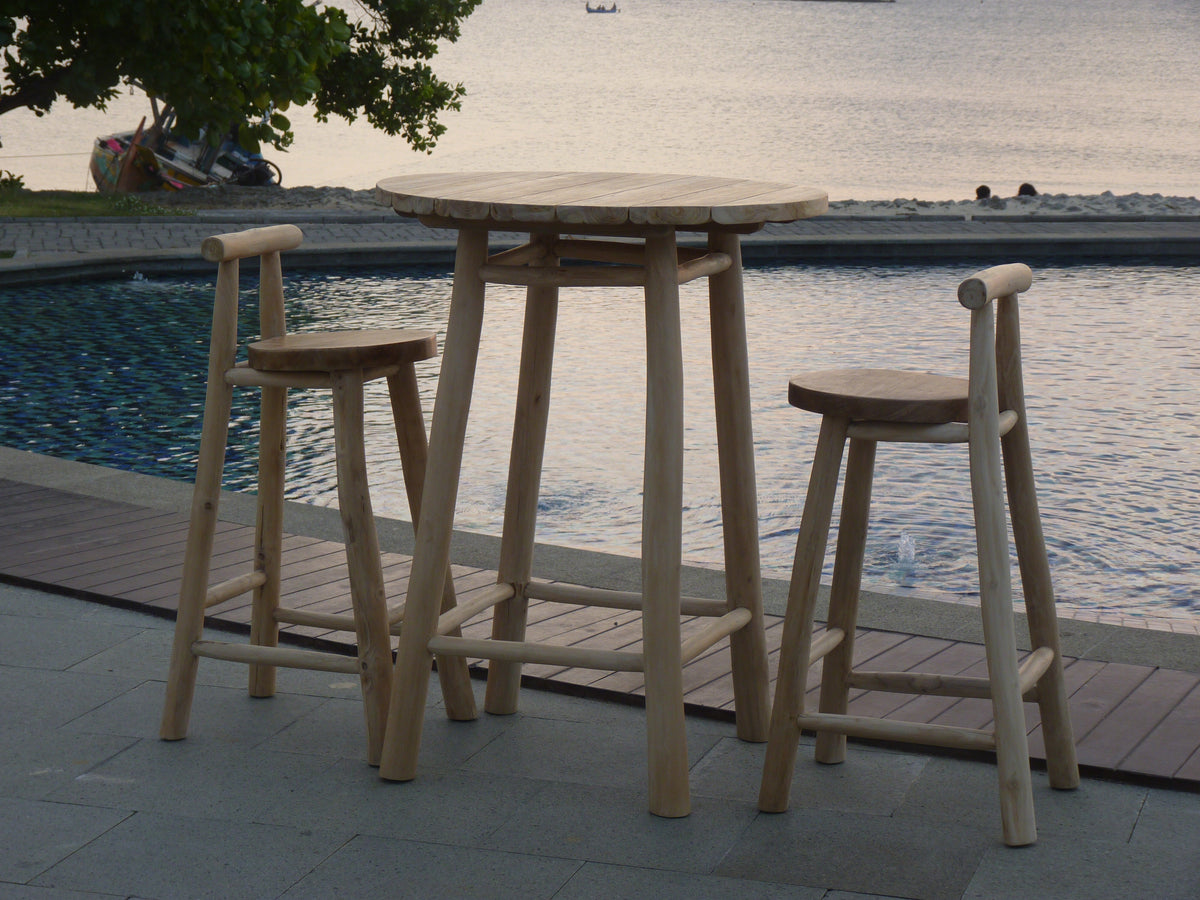 Wilma Outdoor Bar Set beside a pool at dusk, alternate view