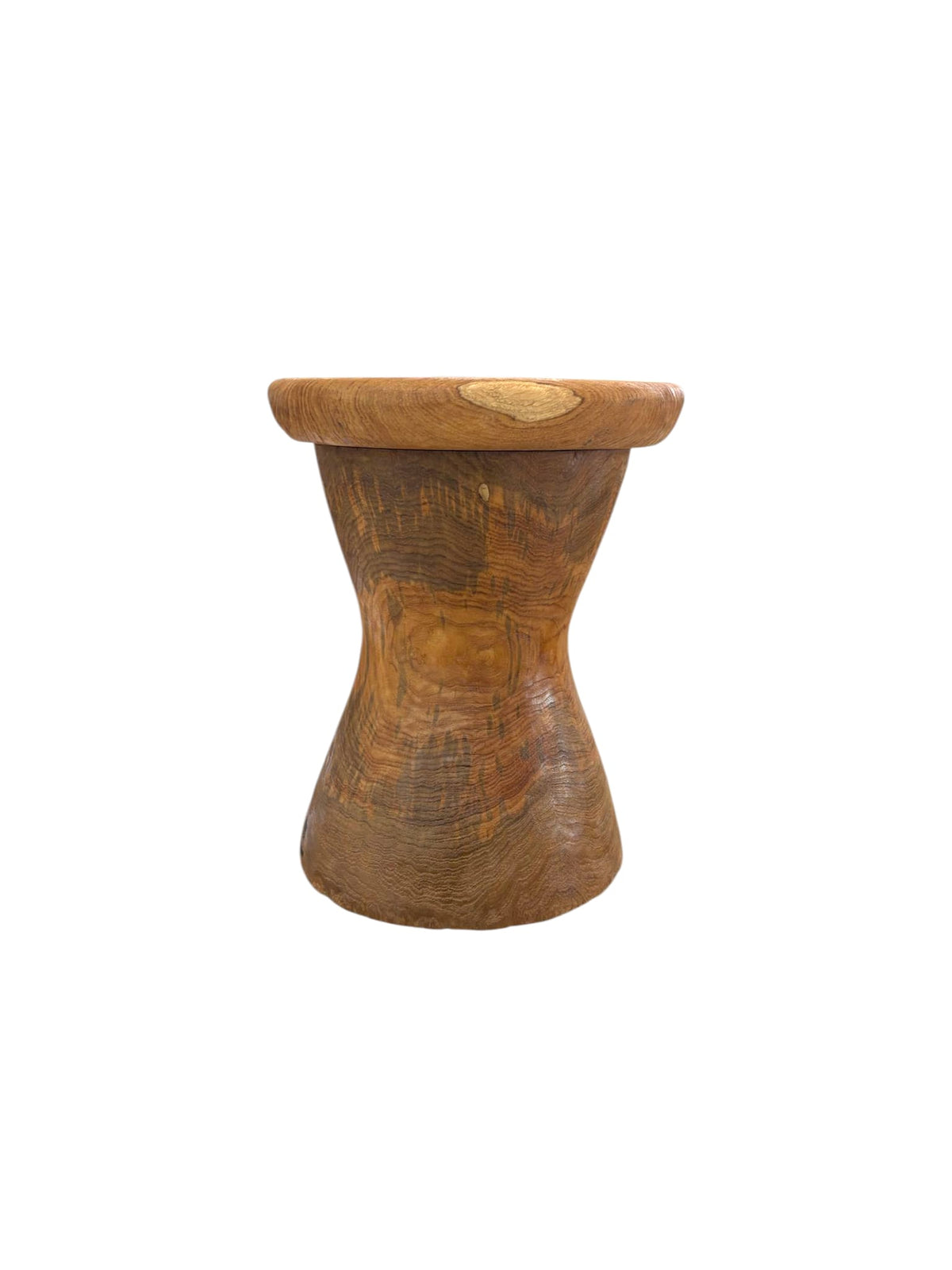 Teak root drum table with hourglass silhouette and natural grain