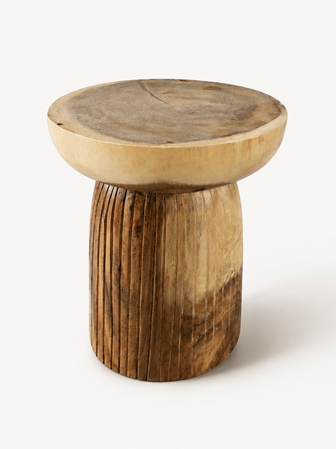Aira Stool in solid Suar wood, front three-quarter view