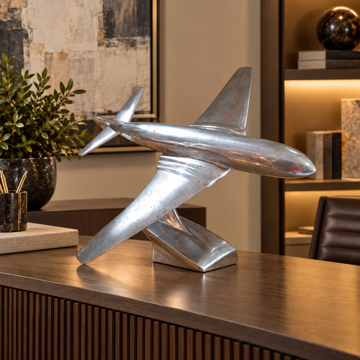 Airbus polished aluminum aircraft sculpture in a modern office