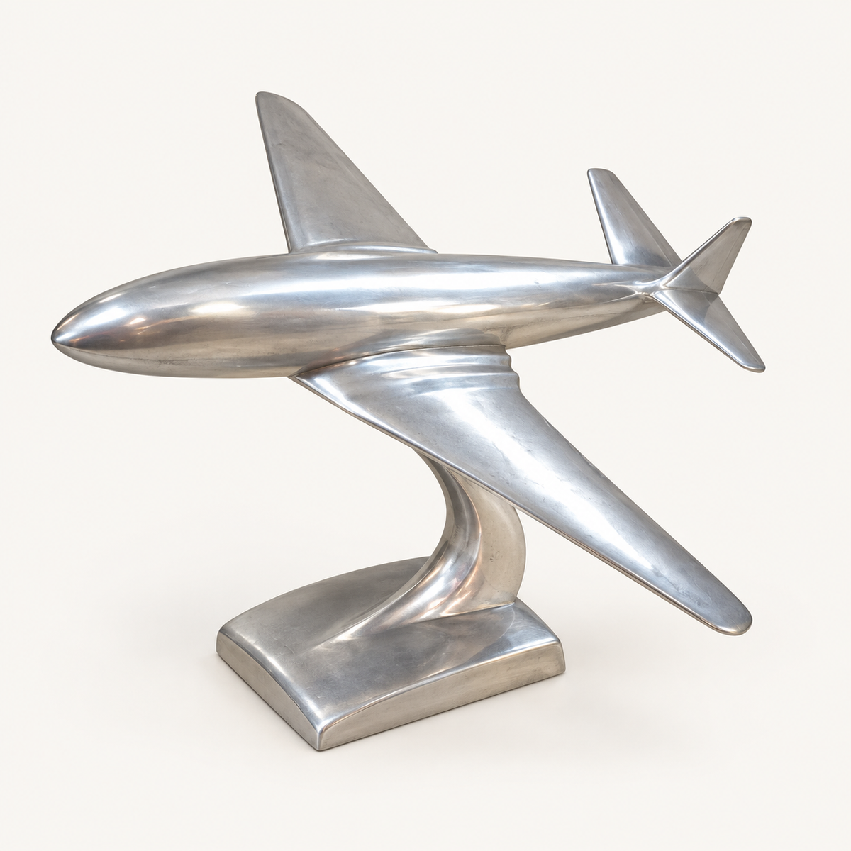 Airbus polished aluminum aircraft sculpture, opposite three-quarter view