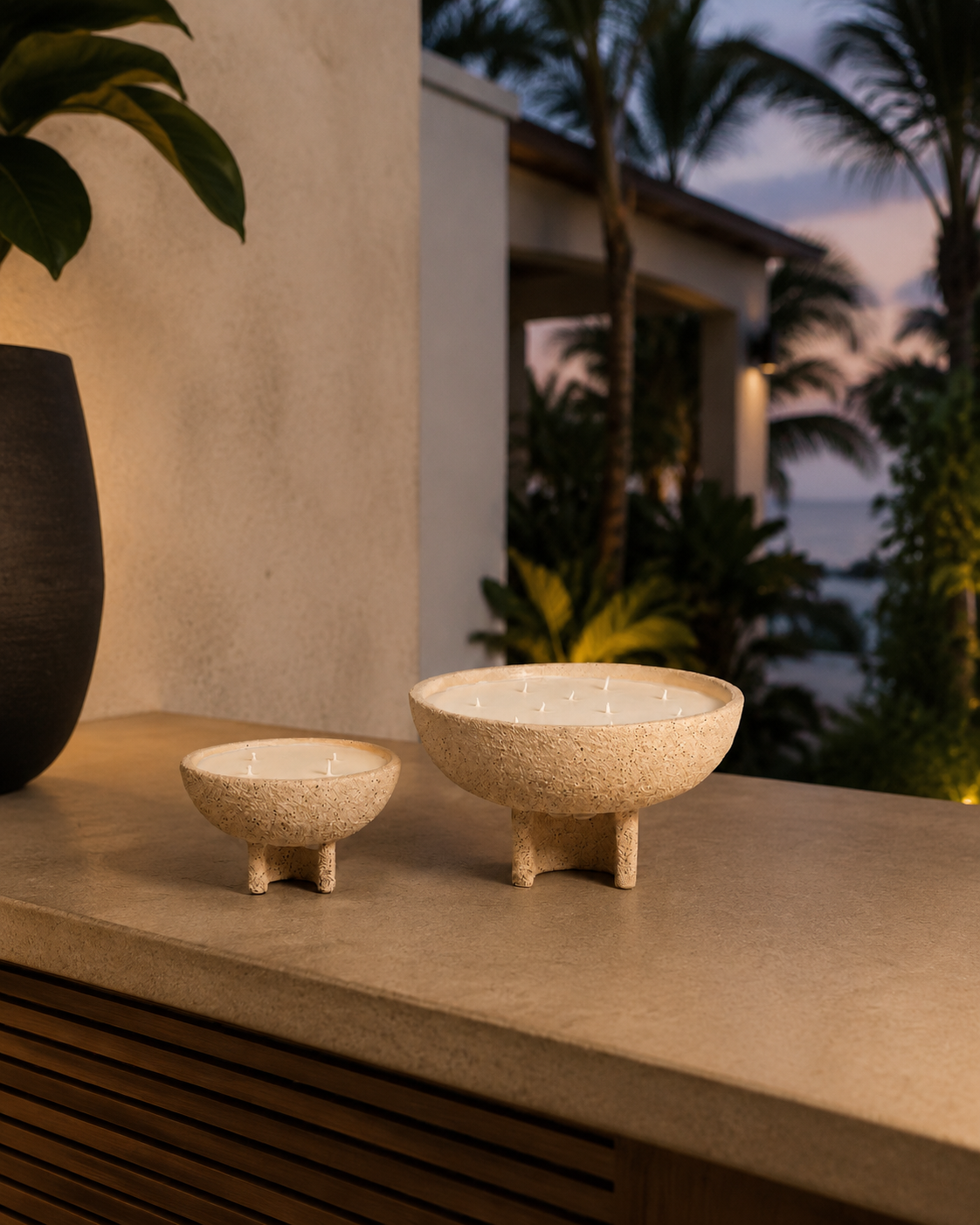 Alexandria Bowl Candles on a shaded Miami veranda