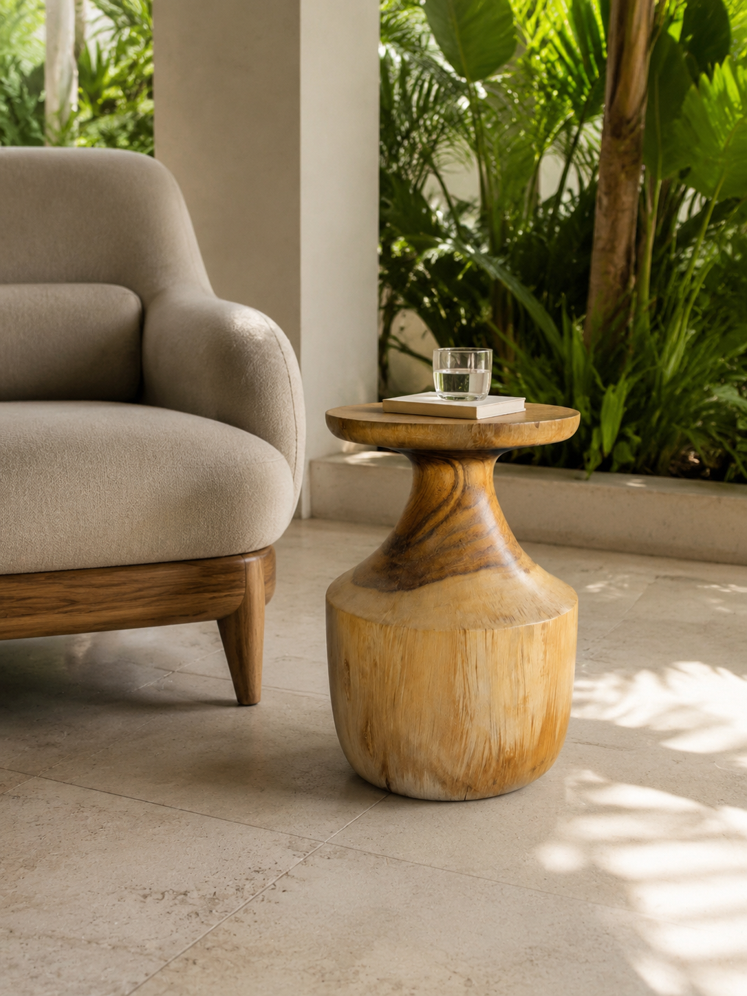 Alura Side Table beside a lounge chair on a shaded Miami veranda