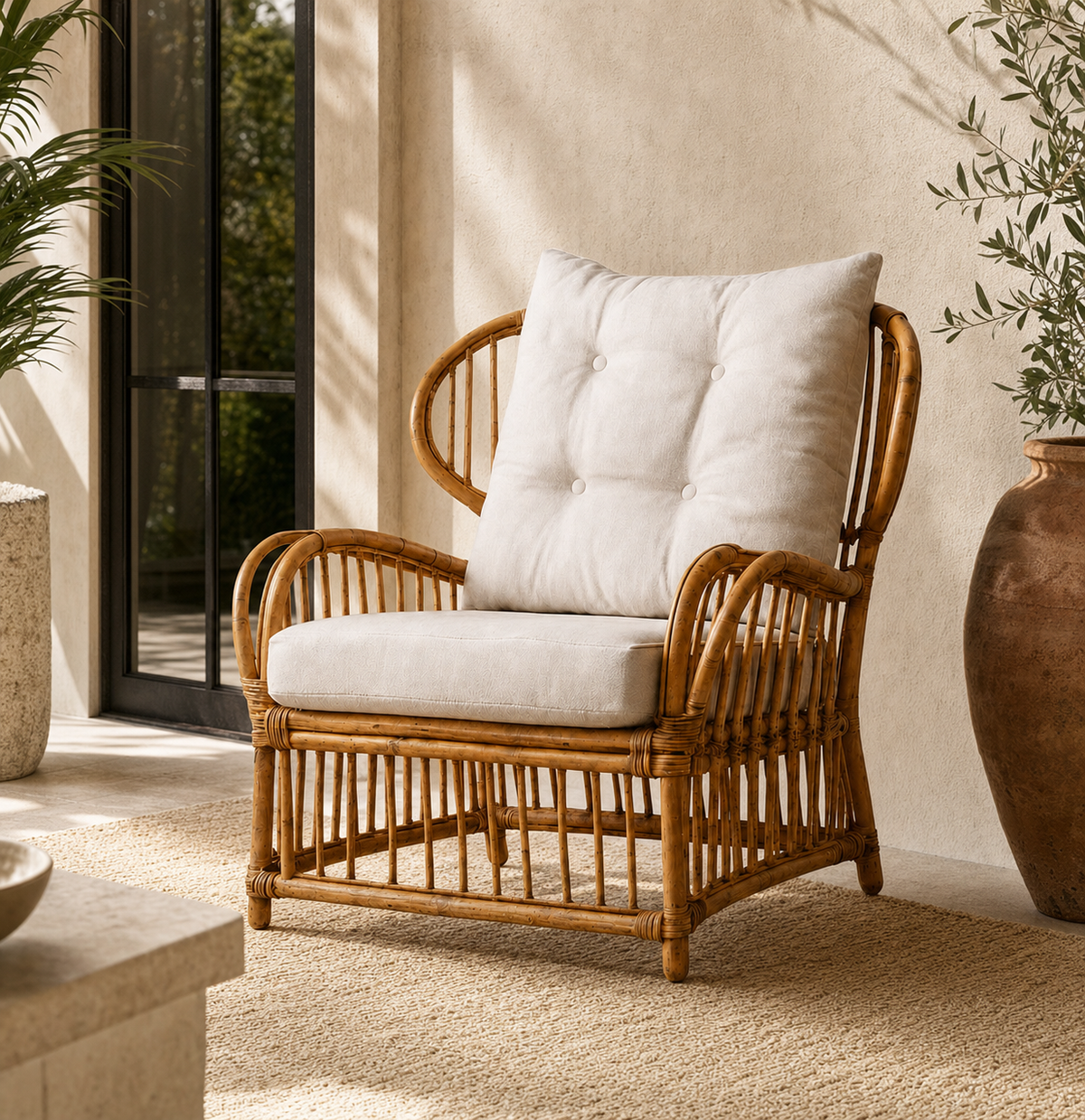 Amalfi Rattan Accent Chair in a shaded Miami lounge