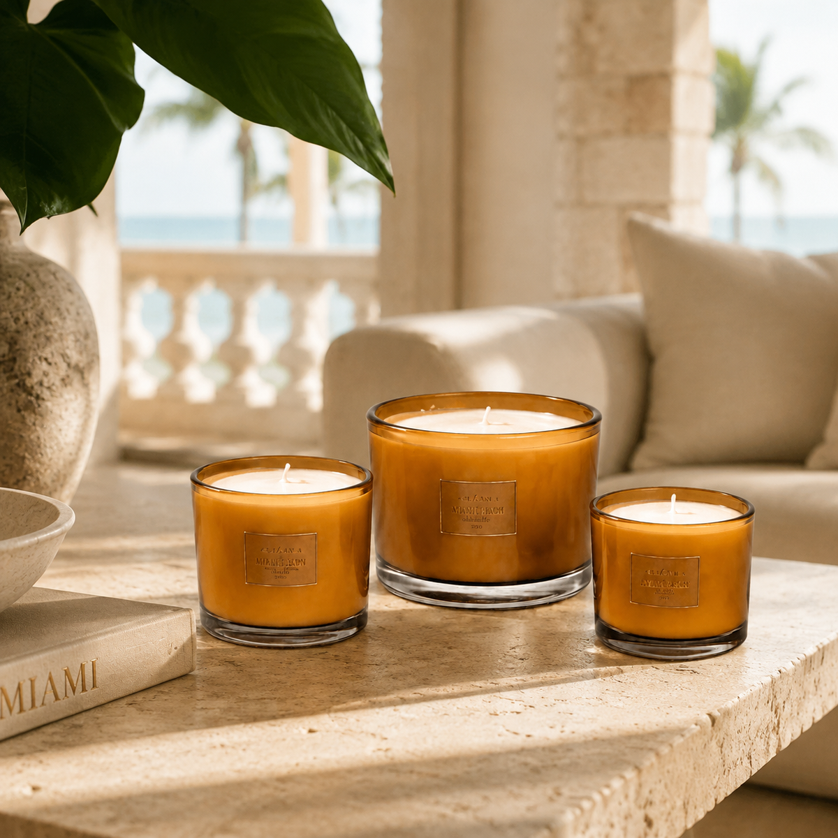 Amber Cylinder Candles in a luxury Miami coastal interior