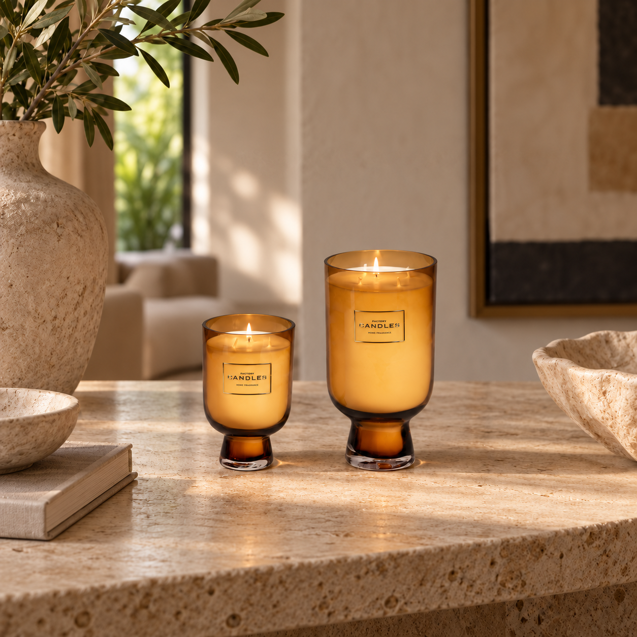 Amber Gold Kiara Candles in a refined Miami interior