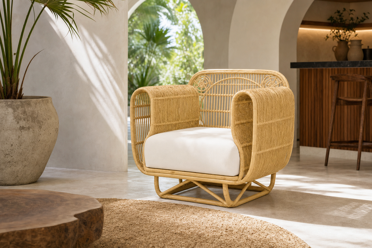 Aria Rattan Accent Chair in a refined covered outdoor setting
