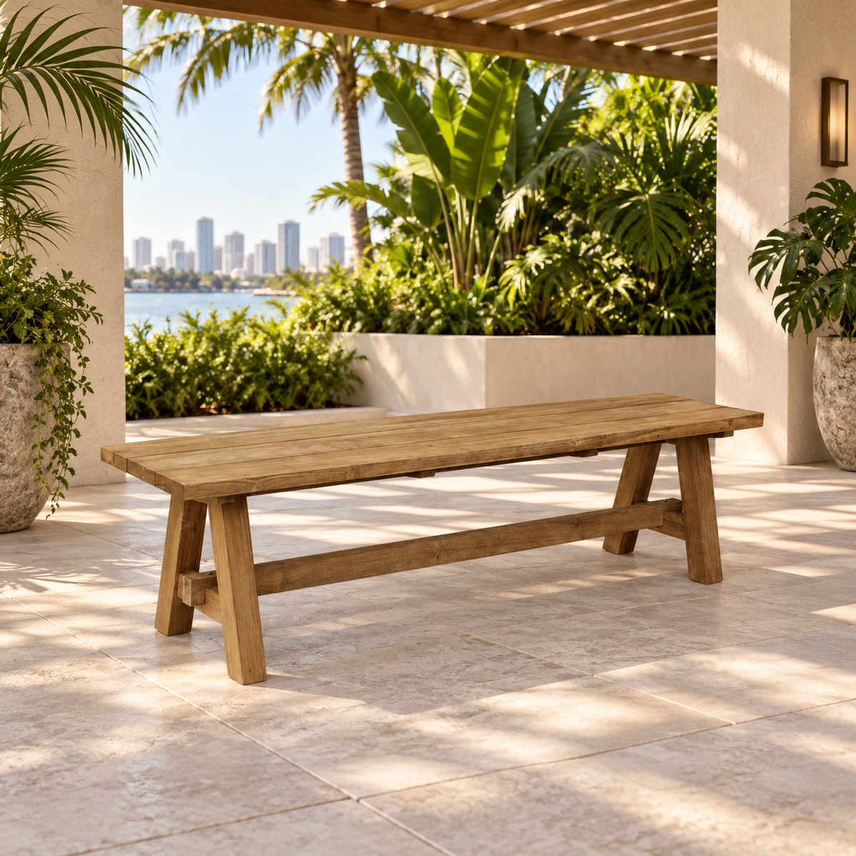 Armand Bench under a shaded Miami pergola