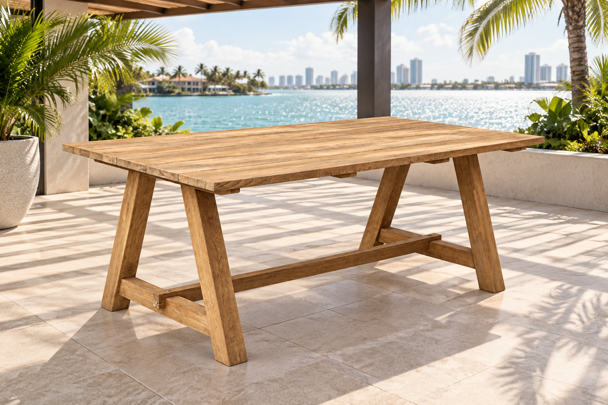 Armand Dining Table on a shaded Miami terrace