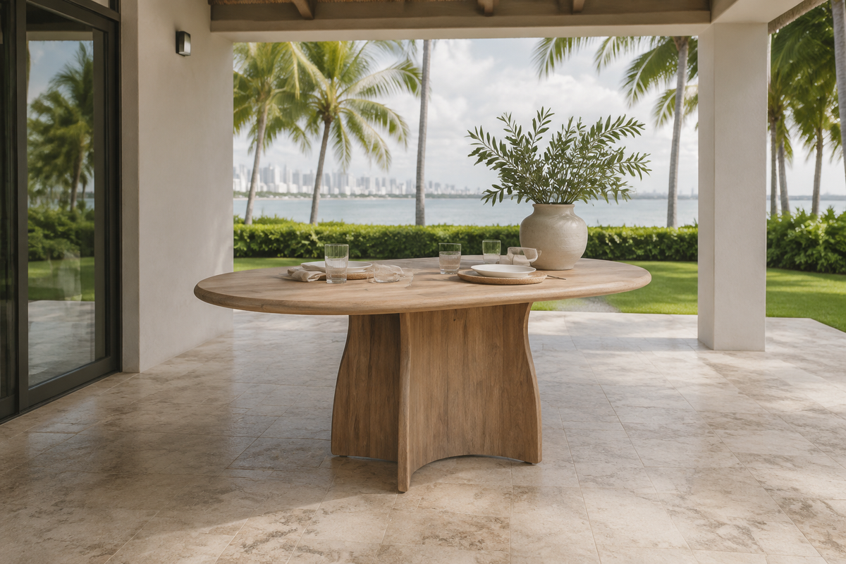 Bajo Oval Dining Table in a shaded luxury Miami veranda