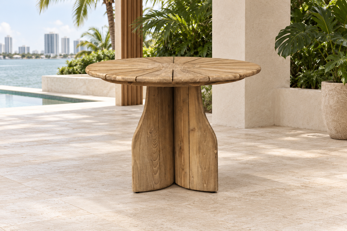 Bajo Round Dining Table in a shaded Miami terrace