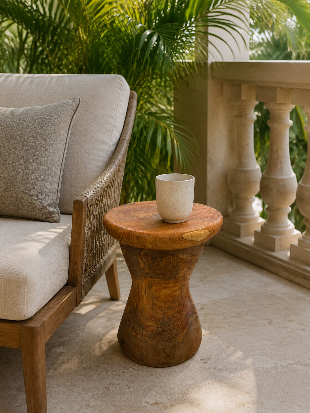 Bali Seaside Drum Table in a shaded Miami veranda