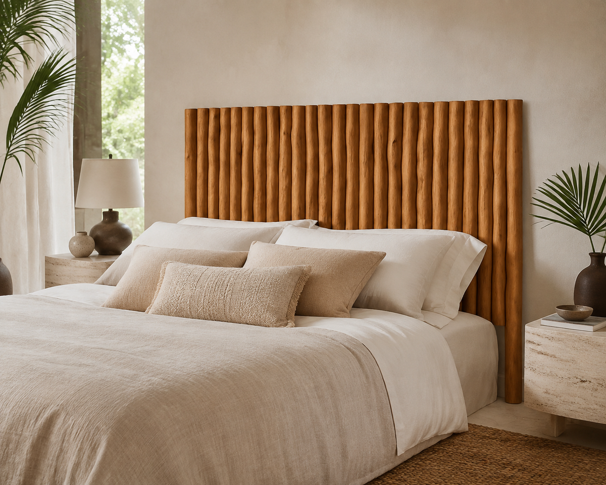 Bali Slat Teak Headboard in a shaded luxury bedroom