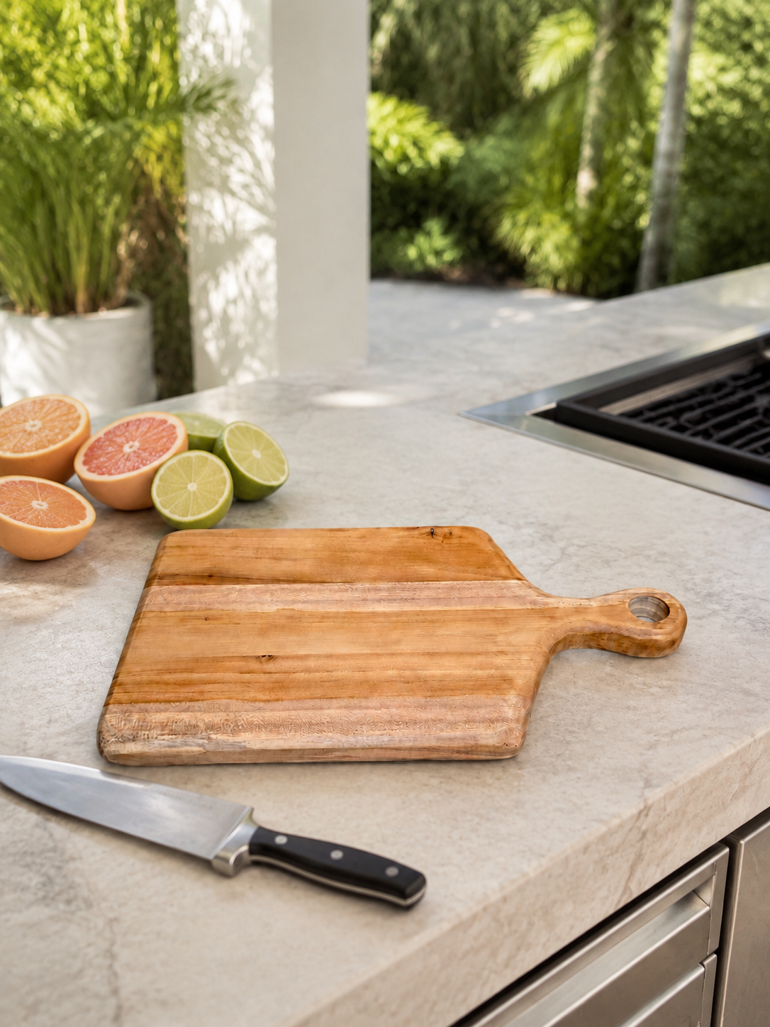 Bali Teak Cutting Board in a shaded Miami outdoor kitchen
