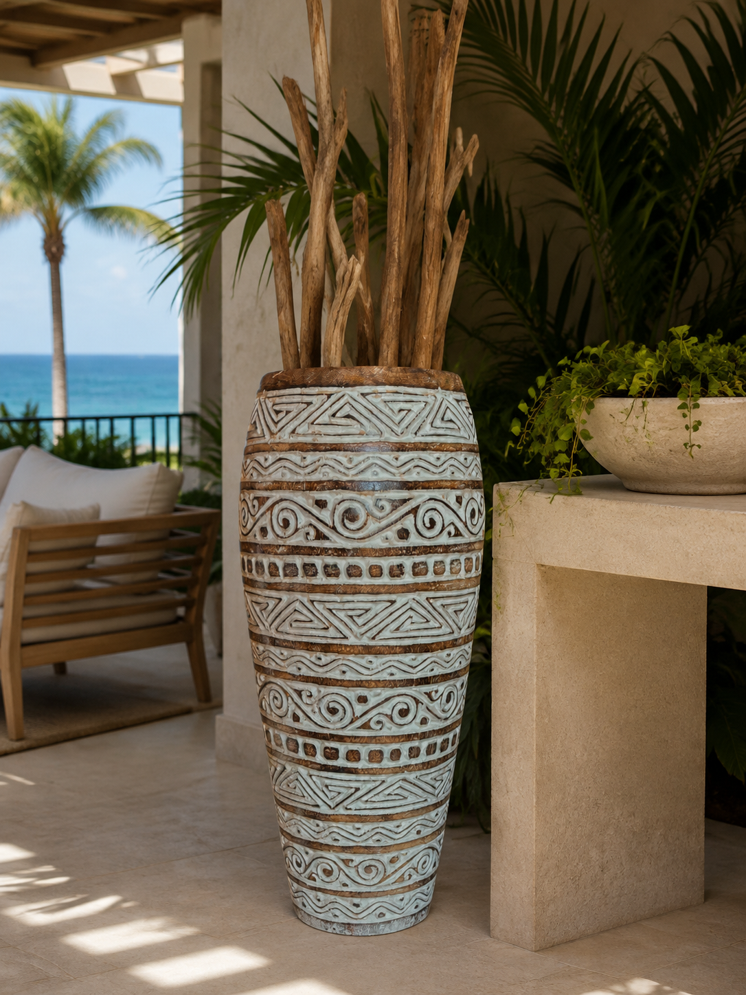 Balinese carved wood vase on a shaded Miami veranda