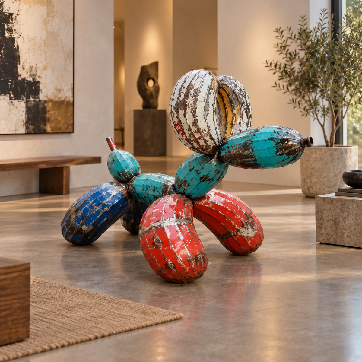 Recycled metal barrel Balloon Dog sculpture in a gallery interior