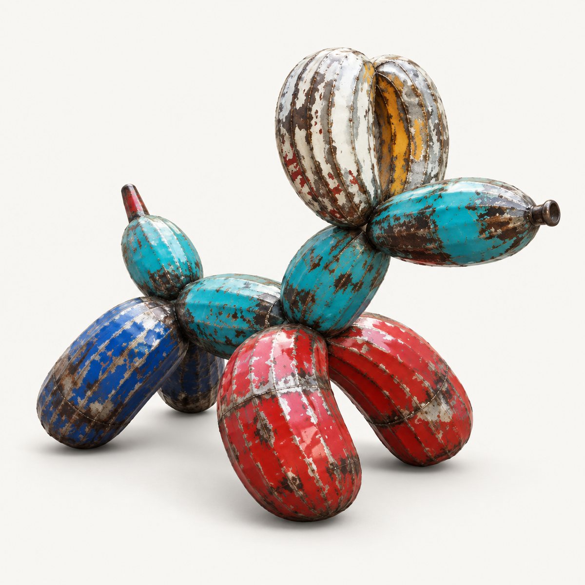 Recycled metal barrel Balloon Dog sculpture, front three-quarter view