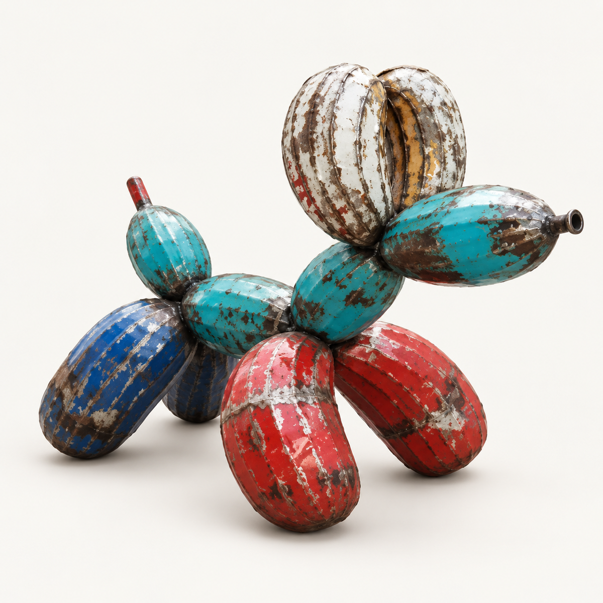 Recycled metal barrel Balloon Dog sculpture, opposite view