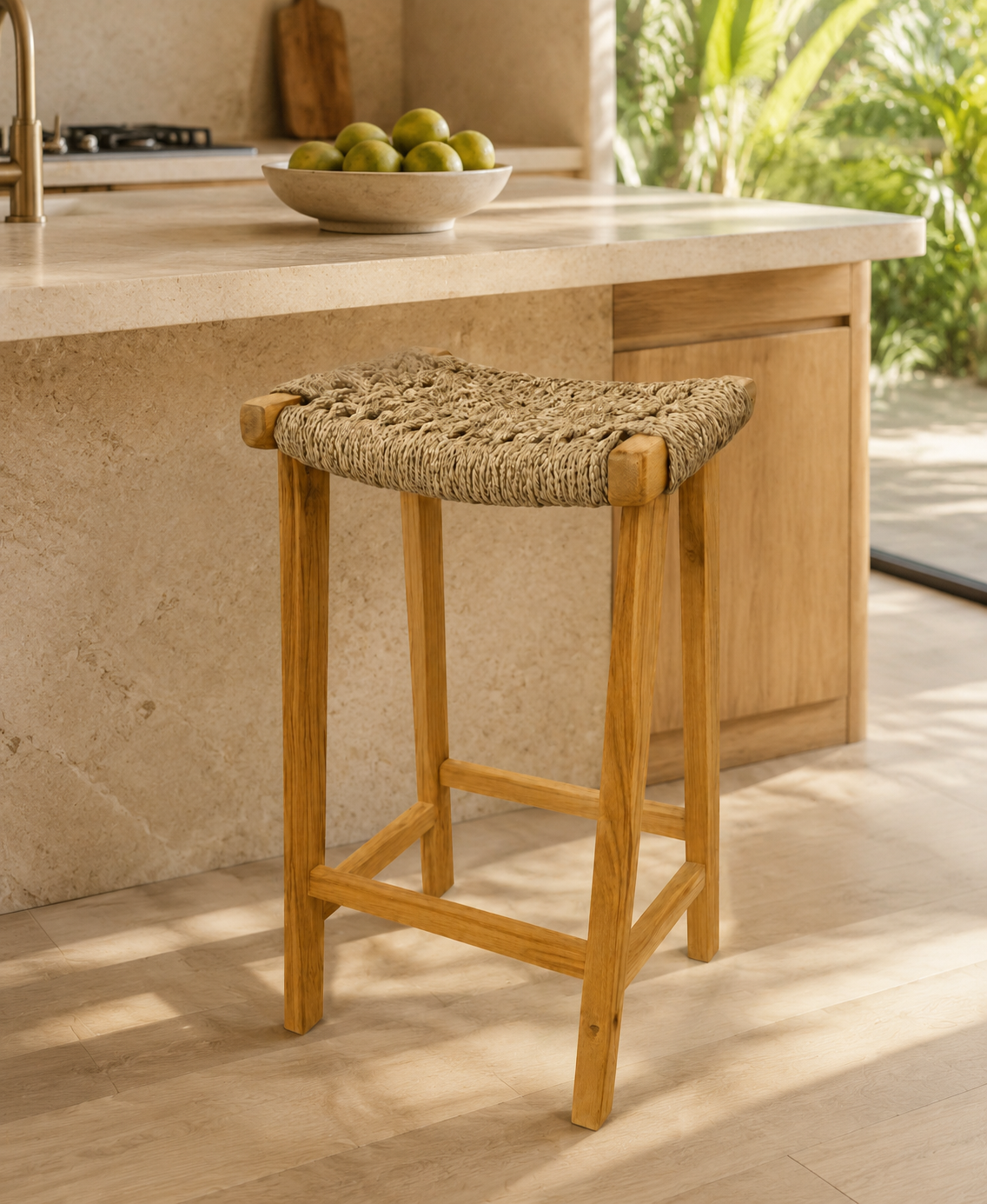 Banana Bar Stool in a shaded luxury Miami kitchen