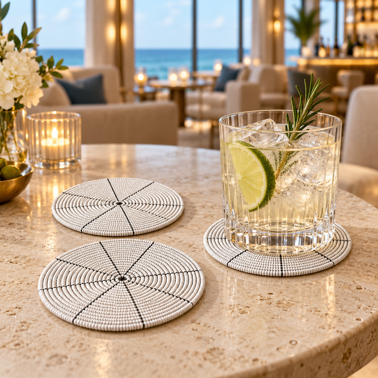 White beaded coaster set in a luxury Miami hotel bar