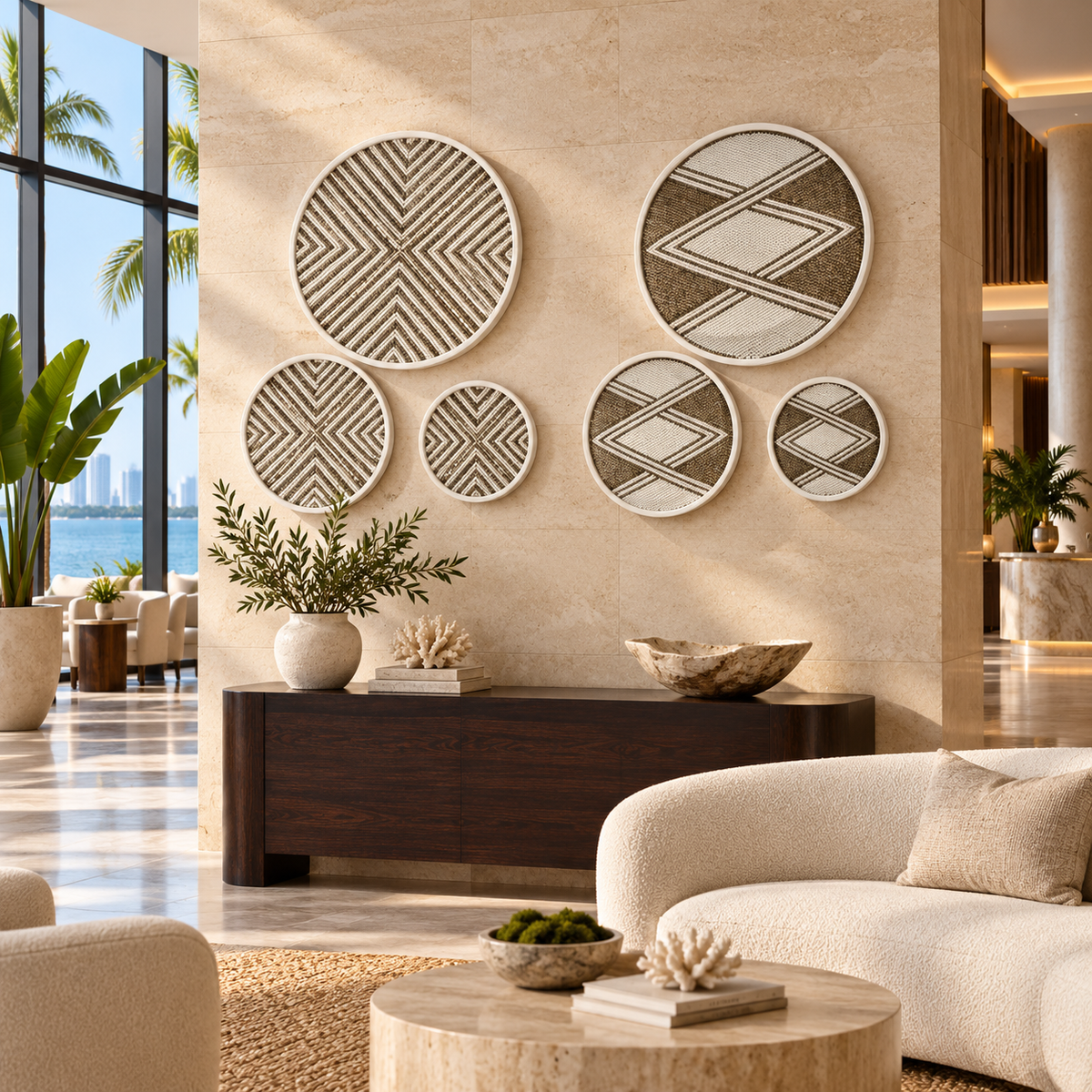 Beaded wall plate sets in a luxury Miami hotel lobby
