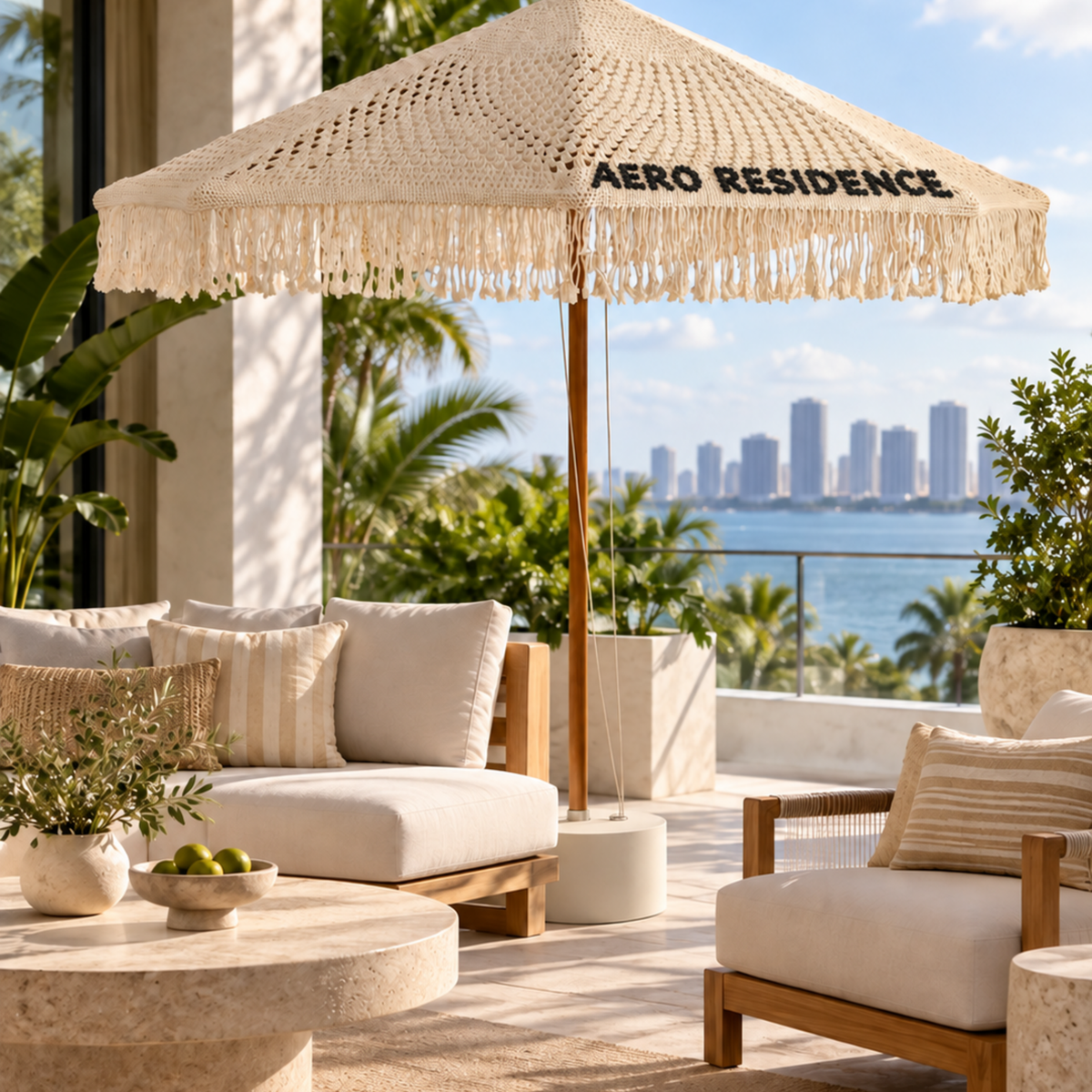 Bespoke macrame signature umbrella on a Miami terrace
