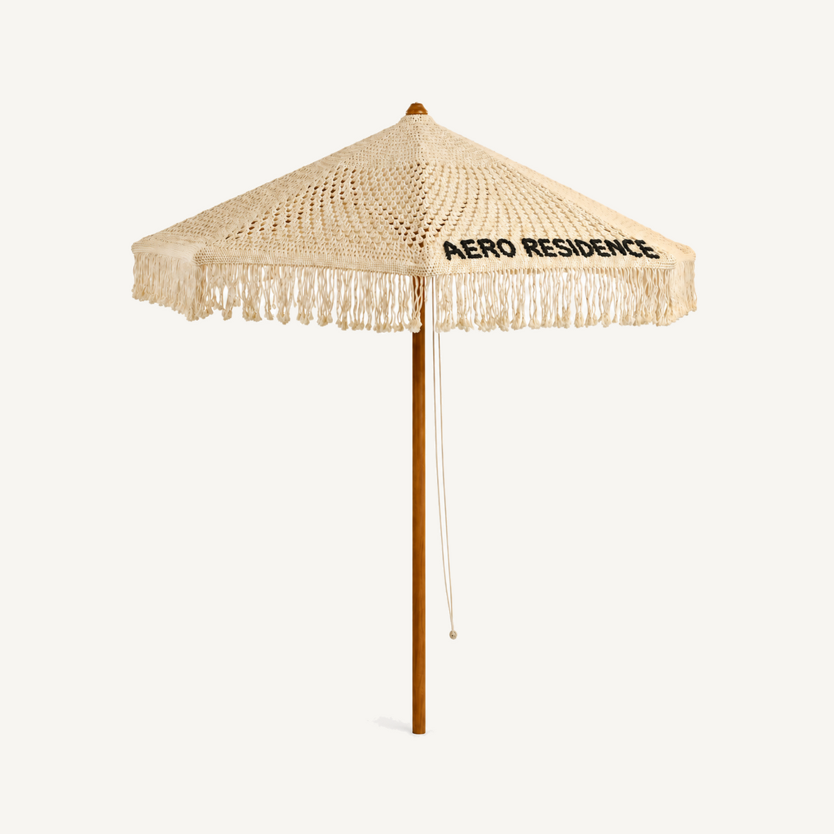 Bespoke macrame signature umbrella with handmade lettering, right angle