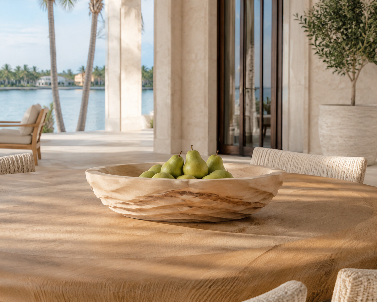 Binaya Bowl in use as a fruit centerpiece on a covered Miami veranda