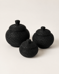 Black hand-beaded lidded basket set — catalog angle