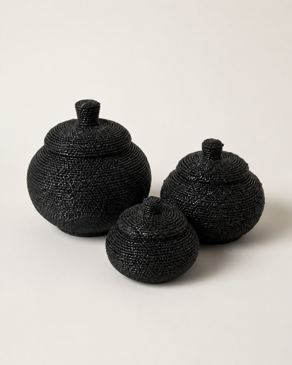 Black hand-beaded lidded basket set — catalog detail