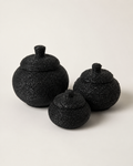 Black hand-beaded lidded basket set — catalog detail