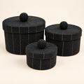 Black handwoven beaded basket set, detail catalog view