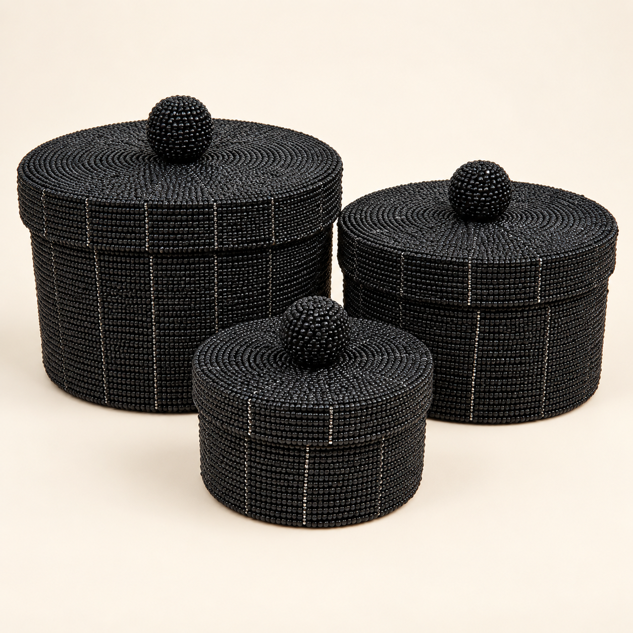 Black handwoven beaded basket set, detail catalog view