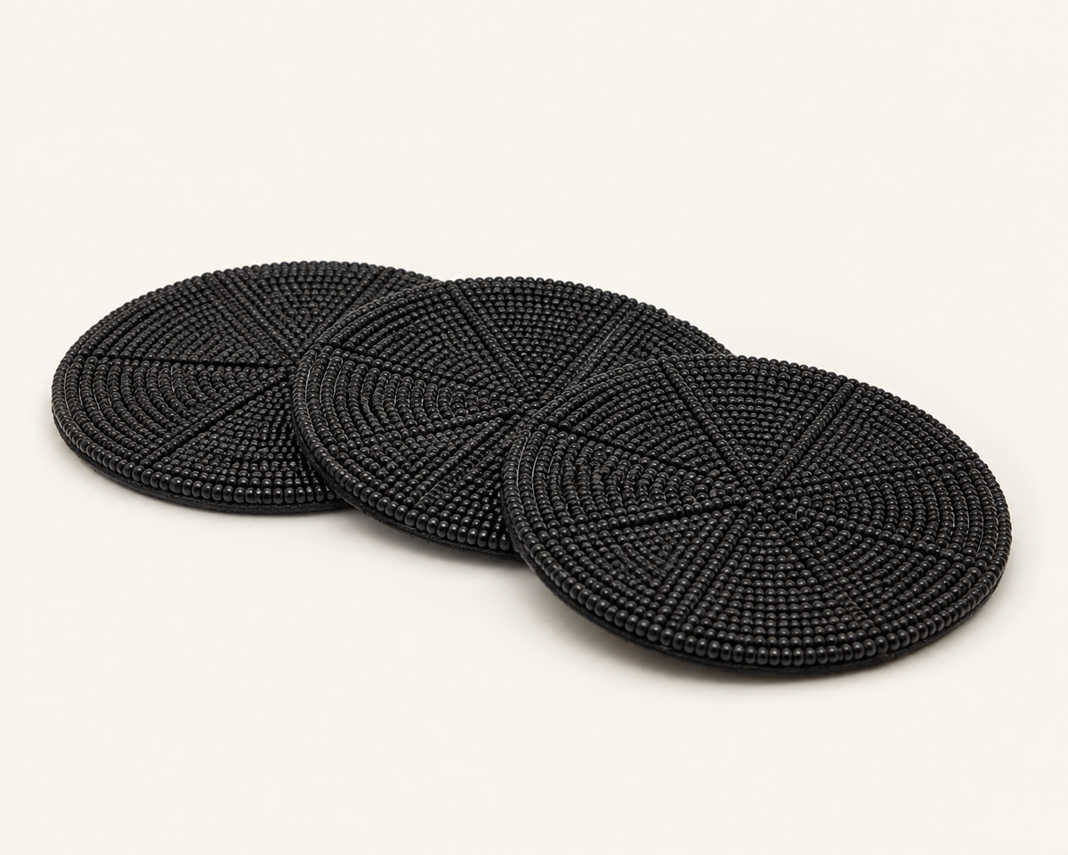 Black Beaded Coaster Set angle 2, exactly three black beaded coasters