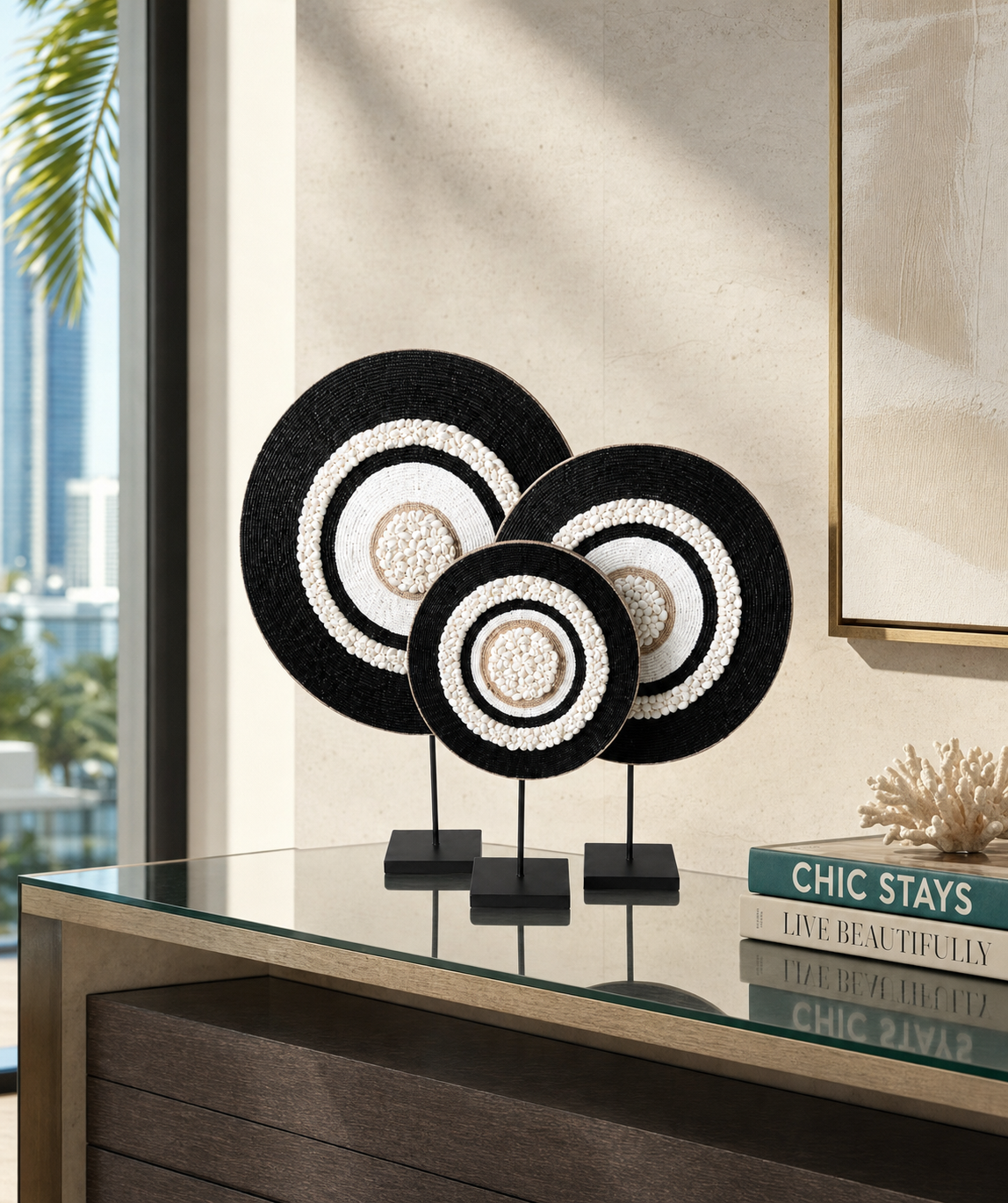 CABANA_STD_AMBIENCE | Black Concentric Shell Sculpture on Metal Stand | run:issue-19-20260823T142348Z-8204116787293 | attempt:1