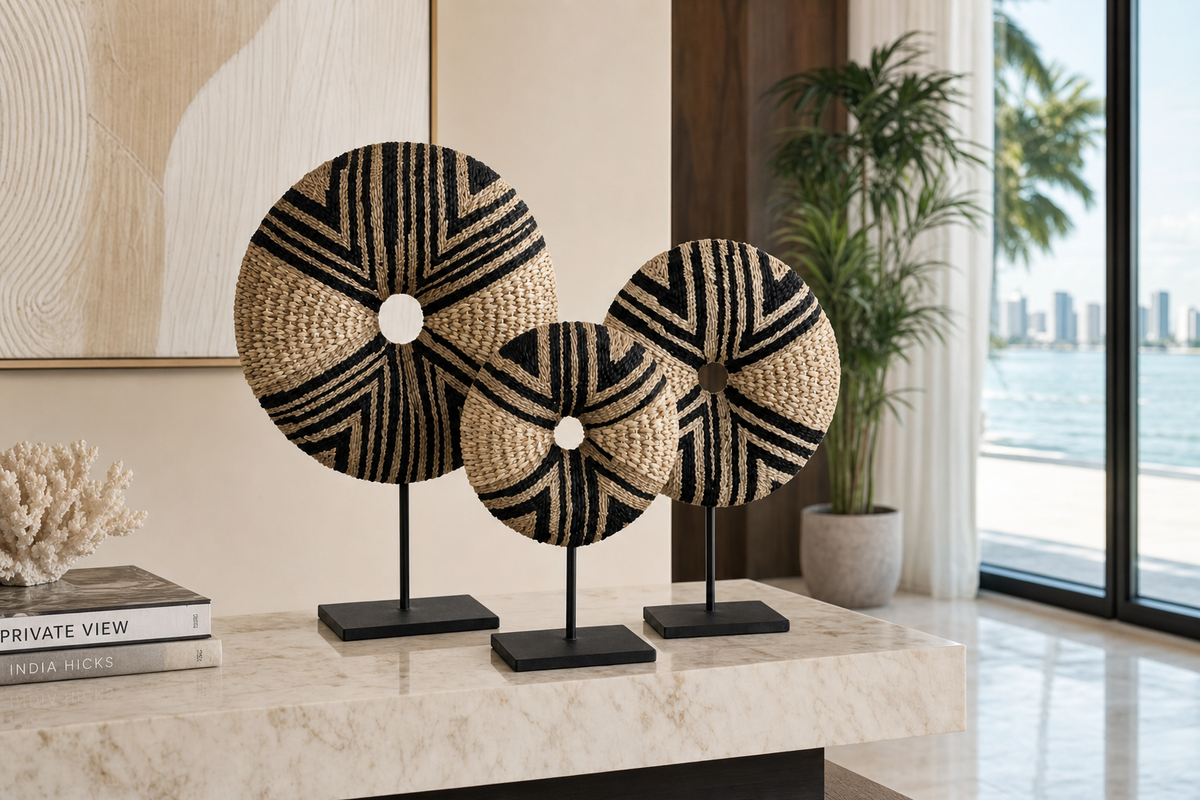 Black Geometric shell donut sculpture styled in a warm interior