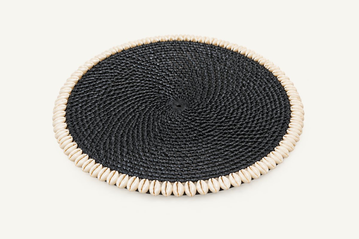 Handwoven Rattan & Cowrie Shell Coaster in Black, top view