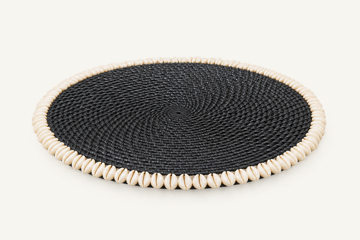 Handwoven Rattan & Cowrie Shell Coaster in Black, detail view