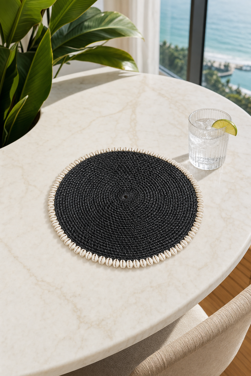 Black rattan placemat styled on a dining table