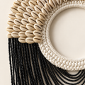 Black Shell Fringe decorative necklace — Black Shell Fringe decorative shell necklace — Natural cowrie shells, handwoven fiber and black bead fringe detail