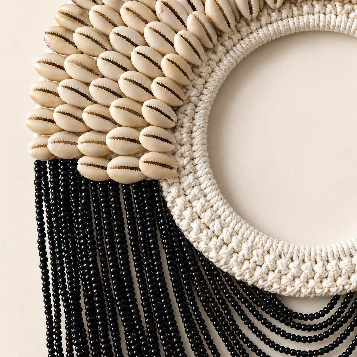 Black Shell Fringe decorative necklace — Black Shell Fringe decorative shell necklace — Natural cowrie shells, handwoven fiber and black bead fringe detail